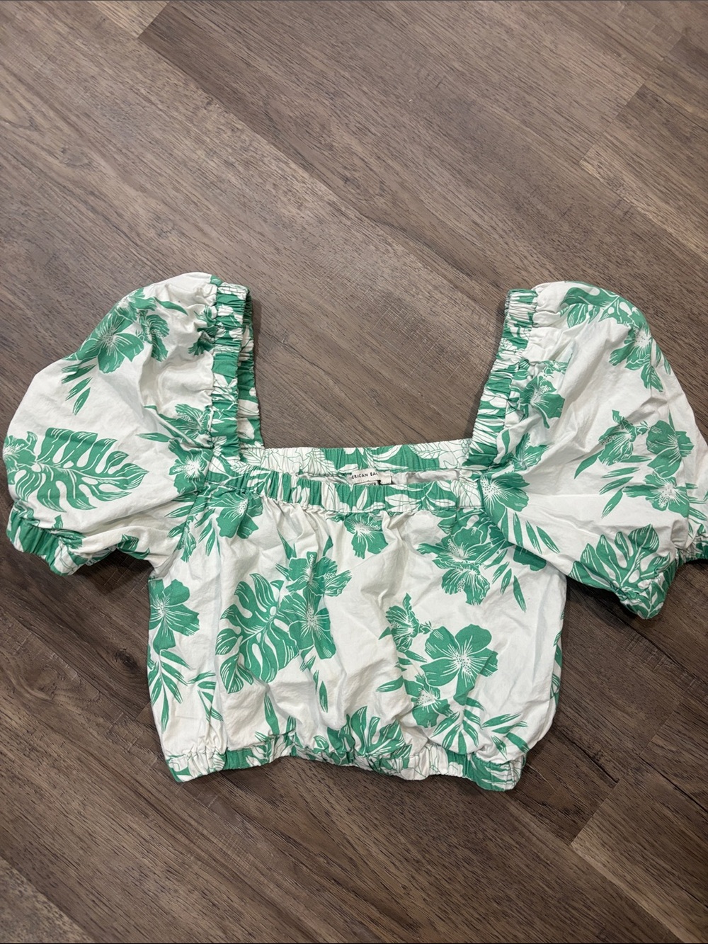 American Eagle Outfitters White Crop Top with Green Tropical Print